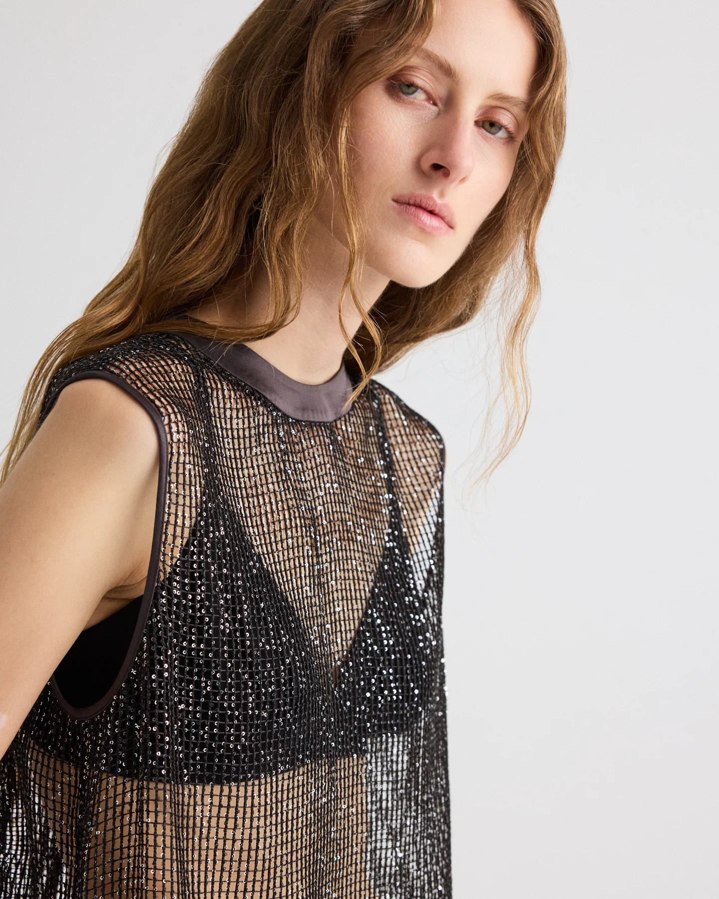 Short Muscle Tank in Mini Sequin Netting - Image 3